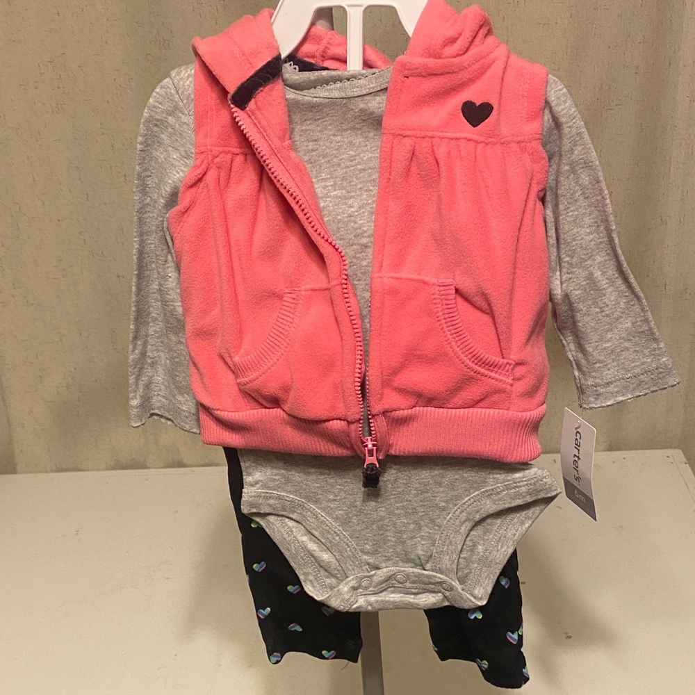 Carter baby Pink Hooded Vest and Gray Bodysuit Set NWT